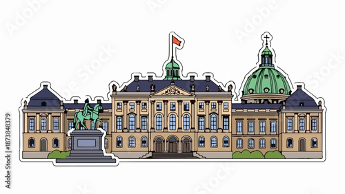 Grand historical building with equestrian statue and domes, a flag flies atop