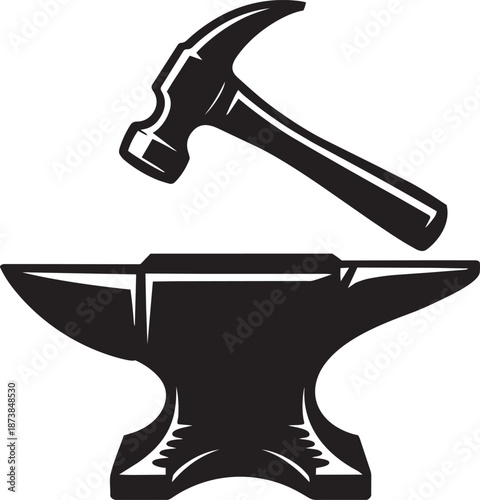 Black anvil and hammer silhouette ready for blacksmith work forging metal icon on transparent background