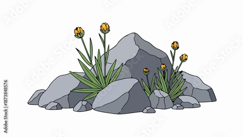 Gray rocks with green foliage and yellow flower buds sprouting