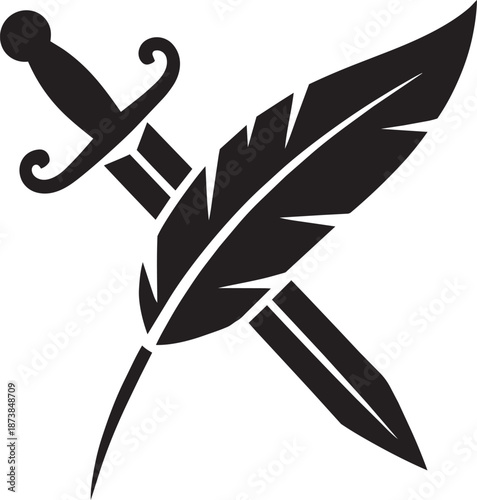 Crossed quill pen and sword, representing writing, justice, honor and warfare concepts