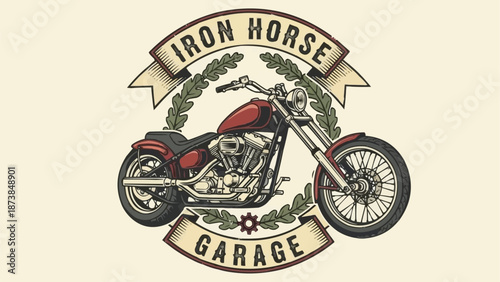 Vintage Motorcycle Emblem with Iron Horse Garage Text.