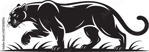 Stealthy black panther animal walking through grass silhouette illustration
