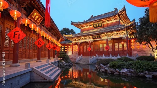 Traditional Chinese Architecture with Red Lanterns in Temple Courtyard at Dusk