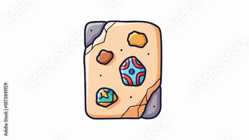 Cartoonish artifact with circular patterns and rock-like fragments on a pale surface