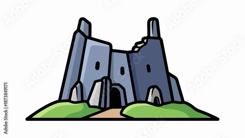 Cartoonish ancient stone ruins with green hills and a dirt path