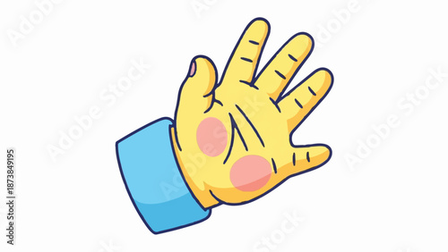 Cartoon yellow hand with blue sleeve, open palm showing fingers