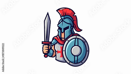 Cartoon warrior in helmet with sword and shield, ready for battle