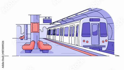 Modern train arriving at a stylized station with purple hues and orange seats