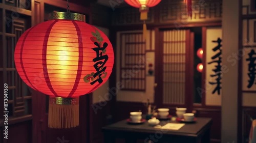Traditional Chinese restaurant interior with red lantern, table set for tea, and sliding doors in background, used for cultural or travel promotions