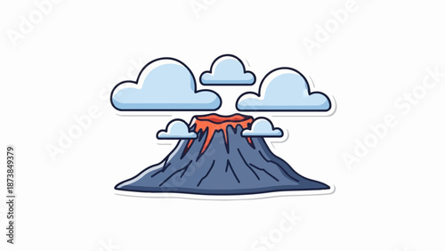 Cartoon volcano with lava erupting and clouds floating above and around it