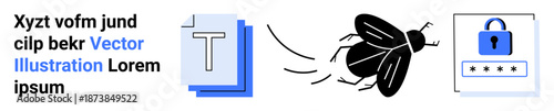 Cybersecurity, malware detection, data protection, online safety, digital threats, password security. Bug flying toward icons of text files and passwords. Cybersecurity and malware detection
