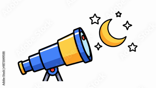 Cartoon telescope observes a crescent moon and stars