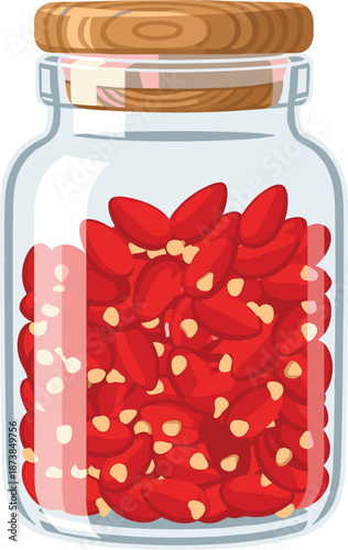 Glass Jar with Wooden Lid Filled with Dried Red Chili Peppers and Seeds Illustration
