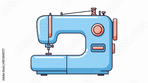 Cartoon style illustration of a light blue sewing machine with coral accents