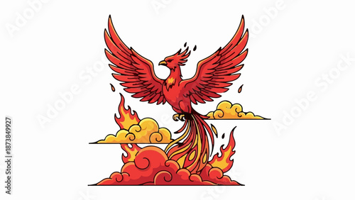 Fiery bird with spread wings rising from clouds and flames