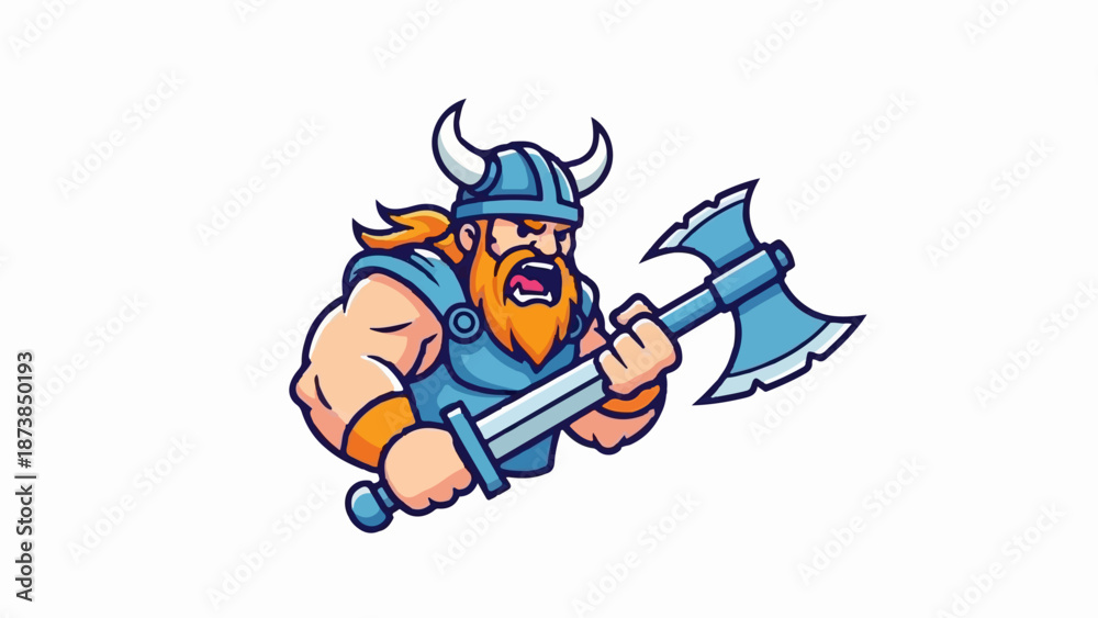 Naklejka premium Fierce cartoon warrior with orange beard and horned helmet