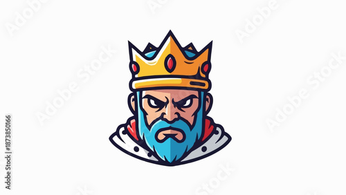 Fierce crowned king's face with blue beard and grim expression