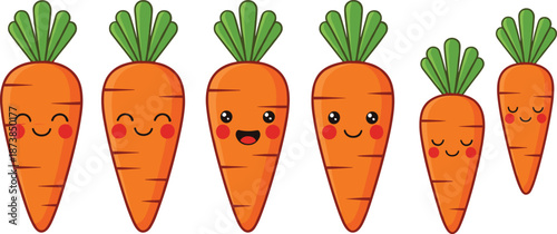 Cute kawaii carrot characters with smiling faces and green tops in fun playful vegetable cartoon vector illustration
