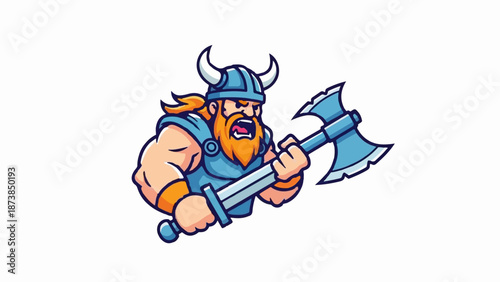 Fierce cartoon warrior with orange beard and horned helmet