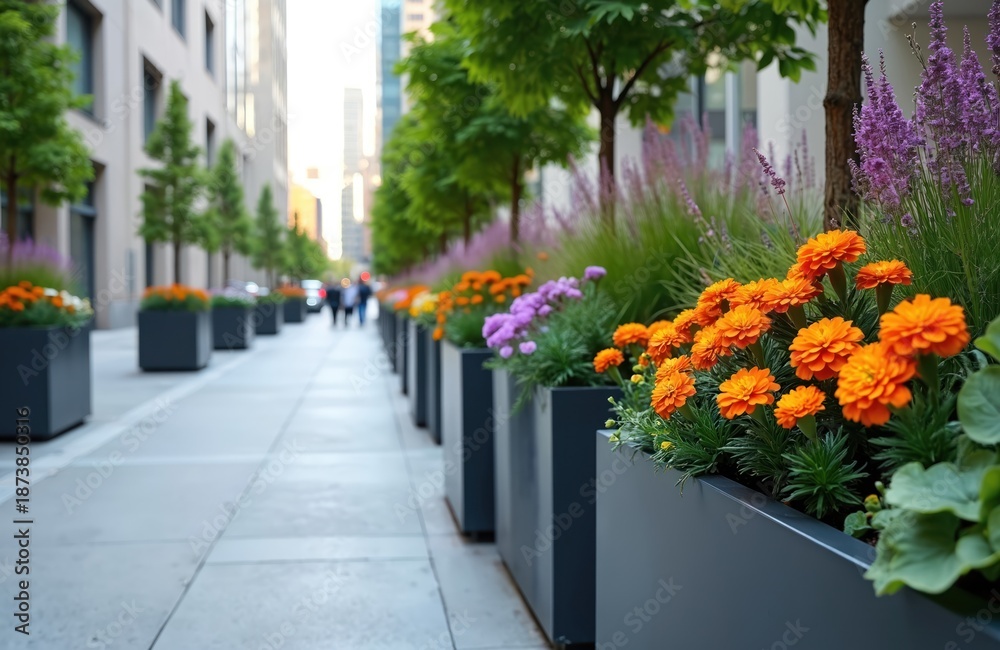 custom made wallpaper toronto digitalModern city street sidewalk with rows of gray planters filled with vibrant orange and purple flowers and green foliage. Buildings line the street with people walking in distance.