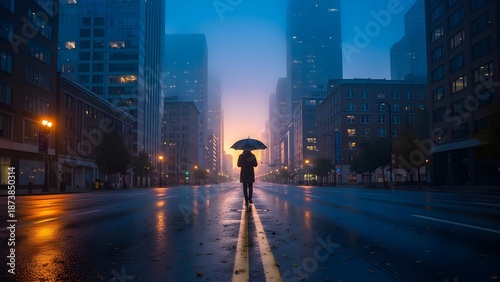 Lonely figure walking under umbrella on rainy city street at dusk