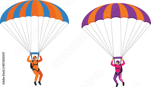 Skydivers descending with colorful parachutes, wearing gear and jumpsuits in a dynamic outdoor adventure sports vector illustration