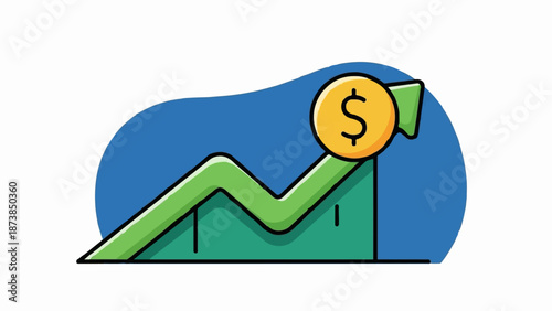 Green graph with dollar coin rising upwards on blue background
