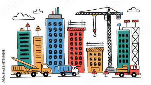 Cityscape Construction in Progress: An illustration showcasing a dynamic urban construction scene, with towering buildings, heavy machinery, and the promise of a city taking shape.