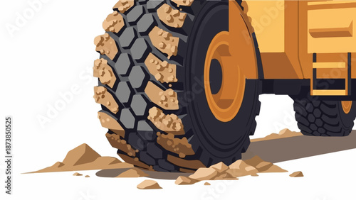 Heavy machinery tire treads gripping soil, orange vehicle body
