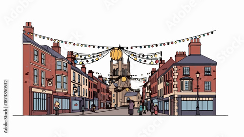 Festive town street with a church and hanging lights