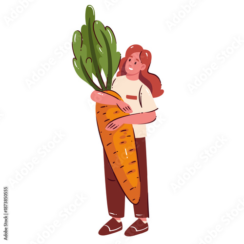 Smiling chef in casual uniform holding huge orange carrot symbolizing organic farming, natural harvest and healthy vegan lifestyle, simple cartoon character flat vector illustration