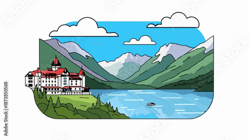 Majestic mountain lodge overlooks a tranquil lake, under a bright blue sky with fluffy clouds