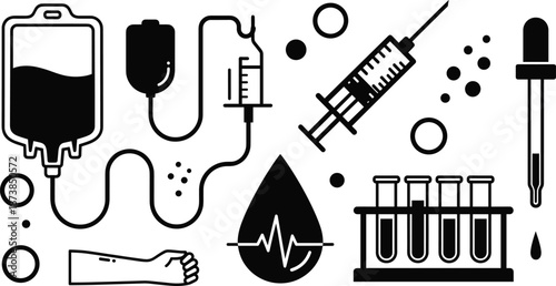 Medical blood testing elements with syringe, IV bag, test tubes, dropper, arm, and healthcare symbols in bold black and white vector illustration