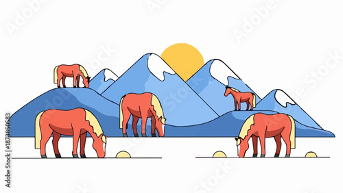 Herd of red-hued horses grazing on a pastoral mountainside beneath a golden sun