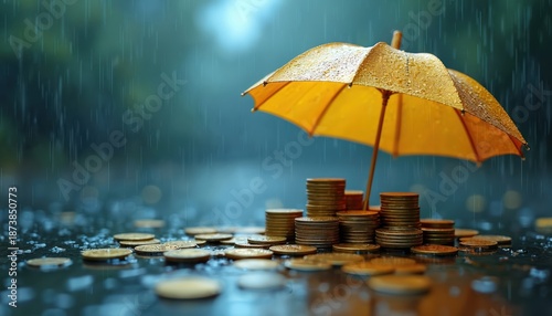 Wallpaper Mural Gold coins stack under yellow umbrella in rain. Money savings protection in economic downturn. Symbol of safety business financial investment. Concept of risk management. Insurance covers money Torontodigital.ca