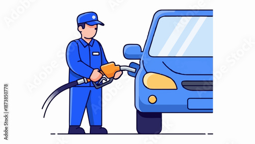 Gas station attendant fueling a blue car with a nozzle
