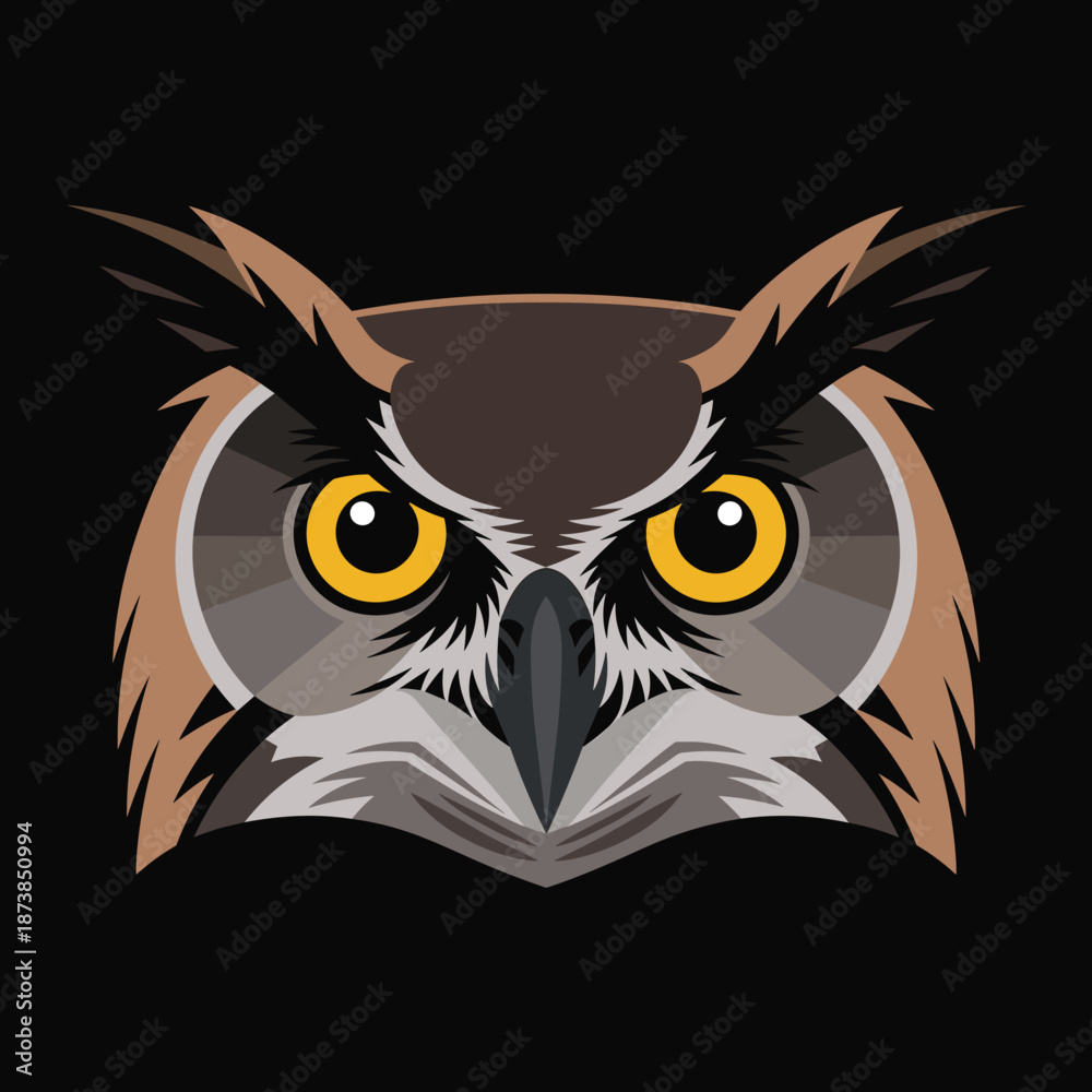 Fototapeta premium Detailed illustration of a majestic owl face with large yellow eyes and sharp features against a solid black background at night.