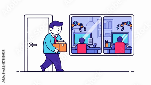 Man carries box near office with robotic arms