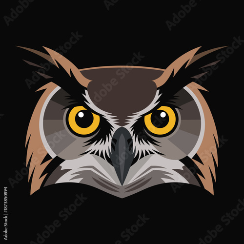 Detailed illustration of a majestic owl face with large yellow eyes and sharp features against a solid black background at night.