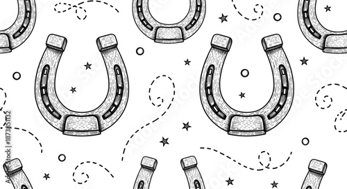 Vintage horseshoe pattern with stars, dotted swirls, and rustic engraved details in classic black and white hand-drawn vector illustration