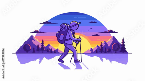 Hiker with backpack and poles walks through a pixelated mountainous landscape at sunset