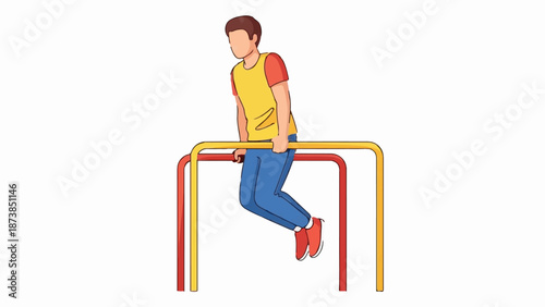 Man doing dips on parallel bars, exercise equipment for fitness
