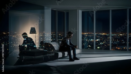 Man sitting alone on couch in modern living room at night