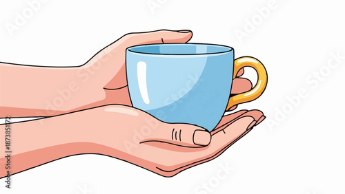 Gentle hands cradle a simple blue cup with a golden handle