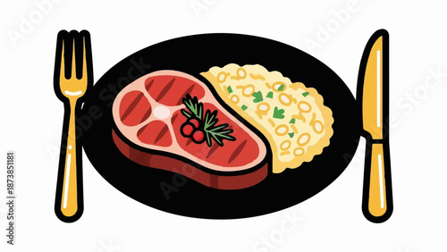 Grilled steak with mashed potatoes, garnished with rosemary and berries, served with cutlery