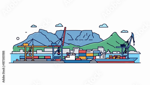 Flat illustration of a busy cargo port with ships, cranes, and containers against a mountain backdrop