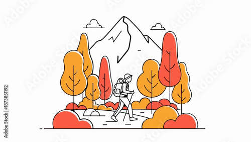 Hiker with backpack traverses a colorful, stylized forest with a mountain peak