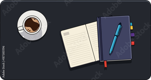 Flat illustration of a coffee cup, open journal, and pen on a dark desk