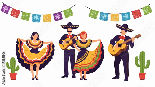 Festive Mexican dancers and musicians under colorful paper flags with cacti