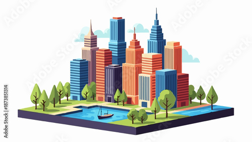 Isometric cityscape with diverse skyscrapers, green trees, and a tranquil waterfront